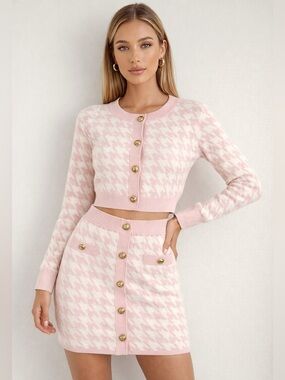 BNWT By Egreis Pink Houndstooth Knit Cardigan & Mini Skirt Set